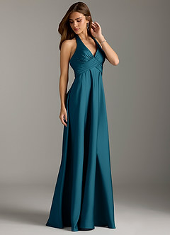 Azazie Tessie Bridesmaid Dresses Ink Blue A-Line Pleated Stretch Satin Dress image4
