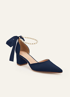 front Matching Color Matte Satin Pearl and Bow Pointed Toe Block Heels