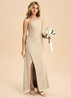 Azazie Eren Junior Vestido Champanhe de Chiffon de Linha A com Plissado image3