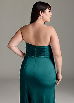 Azazie Yola Vestidos de damas de honor Vestido de Pavo Real de Satén Elástico de Corte Recto Convertible con Cuello en V Plisado image15