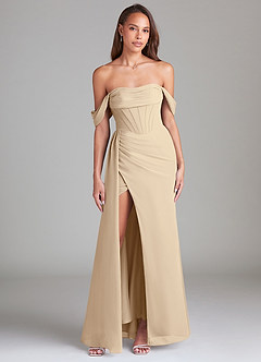 Azazie Amyra Bridesmaid Dresses Champagne Sheath Off the Shoulder Chiffon Convertible Dress image1