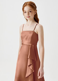 Azazie Kaylee Junior Vestido de Bronceador de Satén Metálico de Corte En A con Con cinturón image6
