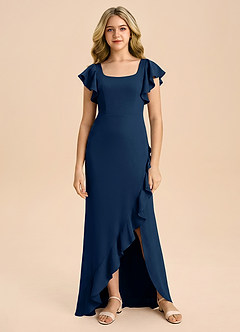 Azazie Demi Junior Vestido de Azul Marino Oscuro de Satén Elástico de Corte Sirena con Lazo image6