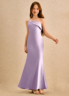 Azazie Almond Girls Formal 플라워 걸 드레스 쉬스 한쪽 어깨 스트레치 새틴 플로어 길이 드레스 image6