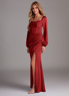 Azazie Charissa Bridesmaid Dresses Pomegranate Sheath Long Sleeve Stretch Satin Dress image5
