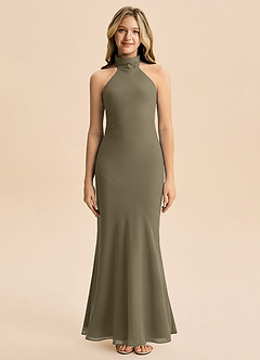 Azazie Velli Junior Syrena Wysoka Kołnierz Szyfon Długość podłogi Młodsza druhna Sukienka image3