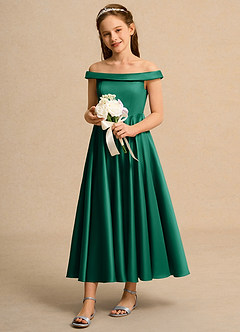 Azazie Teeny Junior Formal Jurken voor bloemenmeisjes A-Lijn Jurk van Mat Satijn Geplooid Smaragd image1