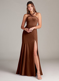 Azazie Rue Bridesmaid Dresses Umber A-Line Pleated Velvet Dress image1