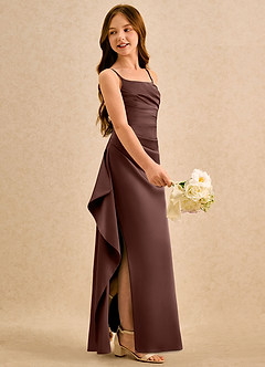 Azazie Cannoli Girls Formal Robe Demoiselle D'honneur Fillette Robe Trapèze en Satin extensible Plissée Expresso image5