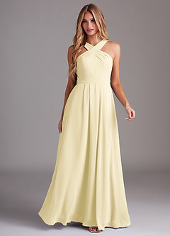 Azazie Dixie Bridesmaid Dresses Lemon Sorbet A-Line Halter Pleated Chiffon Dress image3