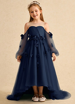 Azazie Karrie Flower Girl Dresses Dark Navy A-Line with Sleeves Tulle Dress image1