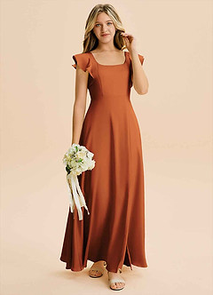 Azazie Bondi Junior Vestido Canela de Cetim elástico de Linha A com Fenda Lateral image4