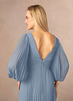 Azazie Zahara Mère de la mariée Robes Robe Trapèze en Mousseline de soie Col V plissé Bleu Poussiéreux image6