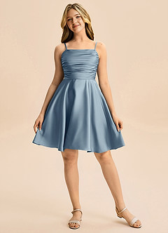 Azazie Miko Junior Dusty Blue A-Line Pleated Stretch Satin Dress image5
