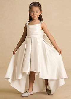Azazie Kat Flower Girl Dresses White Alabaster A-Line Pleated Matte Satin Dress image3