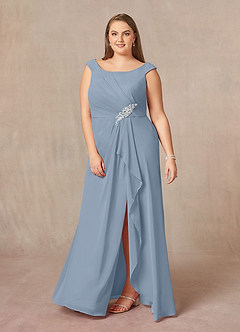 Azazie Yarrow Mère de la mariée Robes Robe Trapèze en Mousseline de soie Plissée Bleu Poussiéreux image7