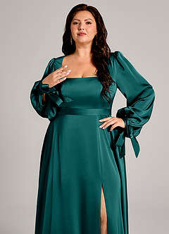 Azazie Leonia Brautjungfernkleider A-Linie Langarm Stretch-Satin Kleid Pfau image9