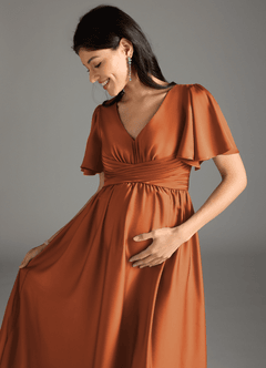 Azazie Verna Maternity Bridesmaid Dresses A-Line Ruched Stretch Satin Floor-Length Dress image1