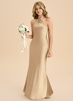 Azazie Chickie Junior Jurk van Stretch Satijn met Kolom Geplooid Champagne image4