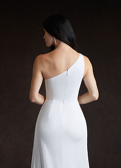 Azazie Tipton At-home Try On Dresses Diamond White Sheath One Shoulder Crepe Back Satin Dress image7