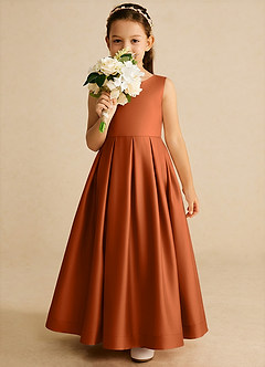 Azazie Cailee vestidos de niña de las flores Vestido de Naranja Quemada de Satin Mate de Corte Princesa con Plisado image3