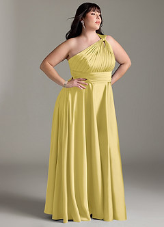 Azazie Charlize Bridesmaid Dresses Canary A-Line One Shoulder Stretch Satin Dress image12