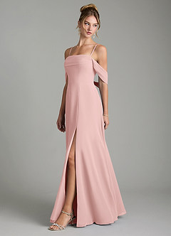 Azazie Mercedes Bridesmaid Dresses Powder Pink A-Line Off the Shoulder Chiffon Dress image4