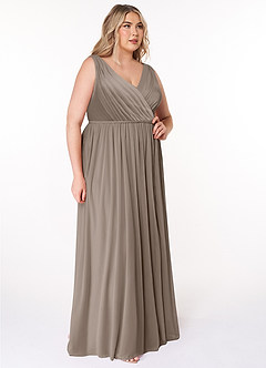 Azazie Tanicia Bridesmaid Dresses Taupe A-Line V-Neck Pleated Mesh Dress image8