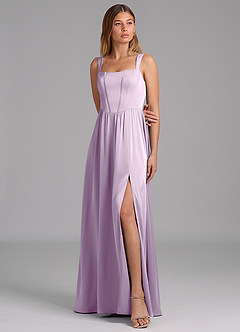 Azazie Rosaline Bridesmaid Dresses Frosted Lilac A-Line Side Slit Stretch Satin Dress image4