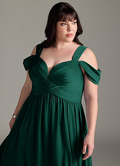 Azazie Lianne Robes de demoiselle d'honneur Robe Trapèze en Satin extensible Épaule décolletée émeraude image14