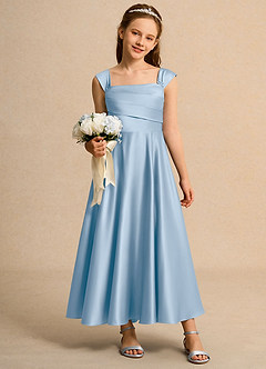 Azazie Bundle Girls Formal Flower Girl Dresses Powder Blue A-Line Pleated Matte Satin Dress image3