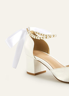 front Satin Pearl and Bow Pointed Toe Block Heels
