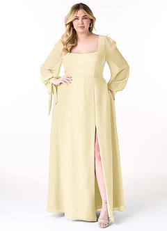 Azazie Leonia Robes de demoiselle d'honneur Robe Trapèze en Mousseline de soie Manche longue Sorbet Citron image11