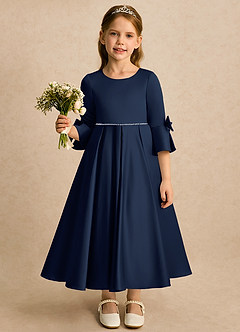 Azazie Eliza Flower Girl Dresses Dark Navy A-Line Pleated Matte Satin Dress image4