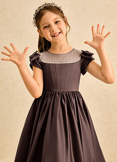 Azazie Toffee Abiti da Ragazza di Fiori Abito Stile Principessa in Raso Opaco Fiocco Ganache image6