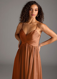 Azazie Alia Bridesmaid Dresses Copper A-Line Pleated Stretch Satin Dress image3