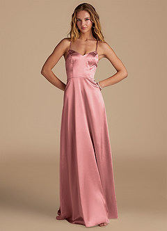 Azazie Mei Brautjungfernkleider A-Linie Metallischer Satin Kleid Rosettenrosa image1