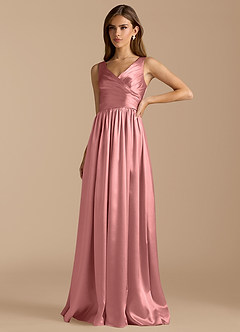 Azazie Keyla At-home Try On Dresses Auburn A-Line Pleated Metallic Satin Dress image5