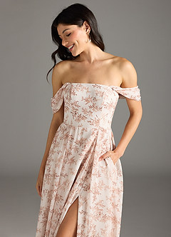 Azazie Chrysanta Final Sale Pink Fern Floral A-Line Off the Shoulder Chiffon Convertible Dress image9