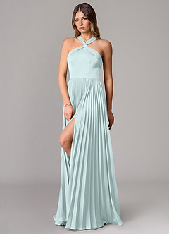 Azazie Afra Abiti da Damigella Abito A-Line in Raso Elasticizzato Plissettato Sea Glass image4