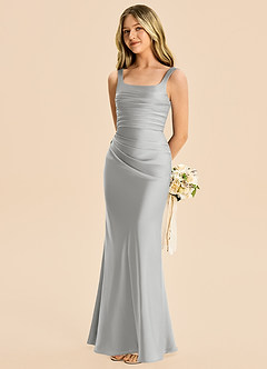 Azazie Agustina Junior Silver Sheath Pleated Stretch Satin Dress image1