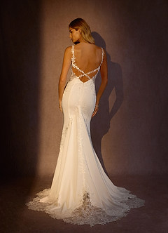 Azazie Lyla Wedding Dresses Diamond White Mocha Mermaid Lace Crepe Back Satin Dress image2