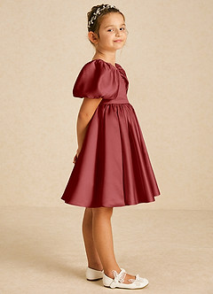 Azazie Muffin Flower Girl Dresses Rust A-Line with Sleeves Matte Satin Dress image3