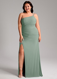 Azazie Eren Vestidos de damas de honor Vestido de Salvia Plateada de Gasa de Corte Recto con Hombro unilateral image10