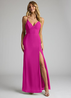 Azazie Becca Bridesmaid Dresses Fuchsia Sheath V-Neck Chiffon Dress image4