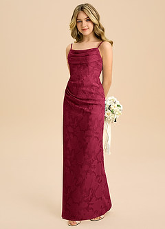 Azazie Mai Junior Burgundy Sheath Pleated Floral Burnout Dress image1