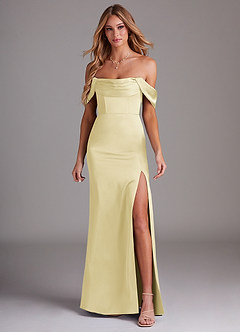 Azazie Saige Bridesmaid Dresses Lemon Sorbet Sheath Off the Shoulder Stretch Satin Dress image3