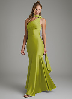 Azazie Amara Vestidos de damas de honor Vestido Hierba De Limón de Satén Elástico de Corte Sirena con Un hombro image5