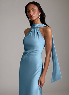 Azazie Cassiana Abiti da Damigella Abito Sirena in Raso Elasticizzato Plissettato Blu Acciaio image3