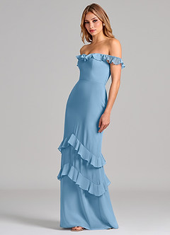 Azazie Marilynn Final Sale Steel Blue Mermaid Off the Shoulder Chiffon Dress image6